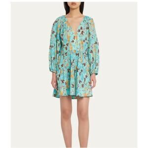 A.L.C. Sally Printed Cotton Cinch-Tie Mini-Dress Grotto Multi Blue Size 2 boho